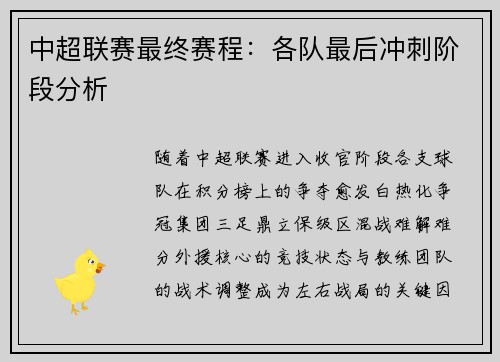 中超联赛最终赛程：各队最后冲刺阶段分析