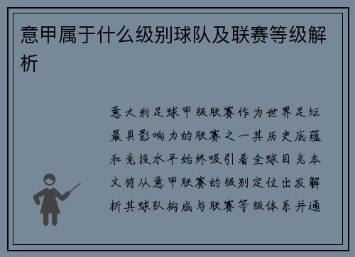 意甲属于什么级别球队及联赛等级解析